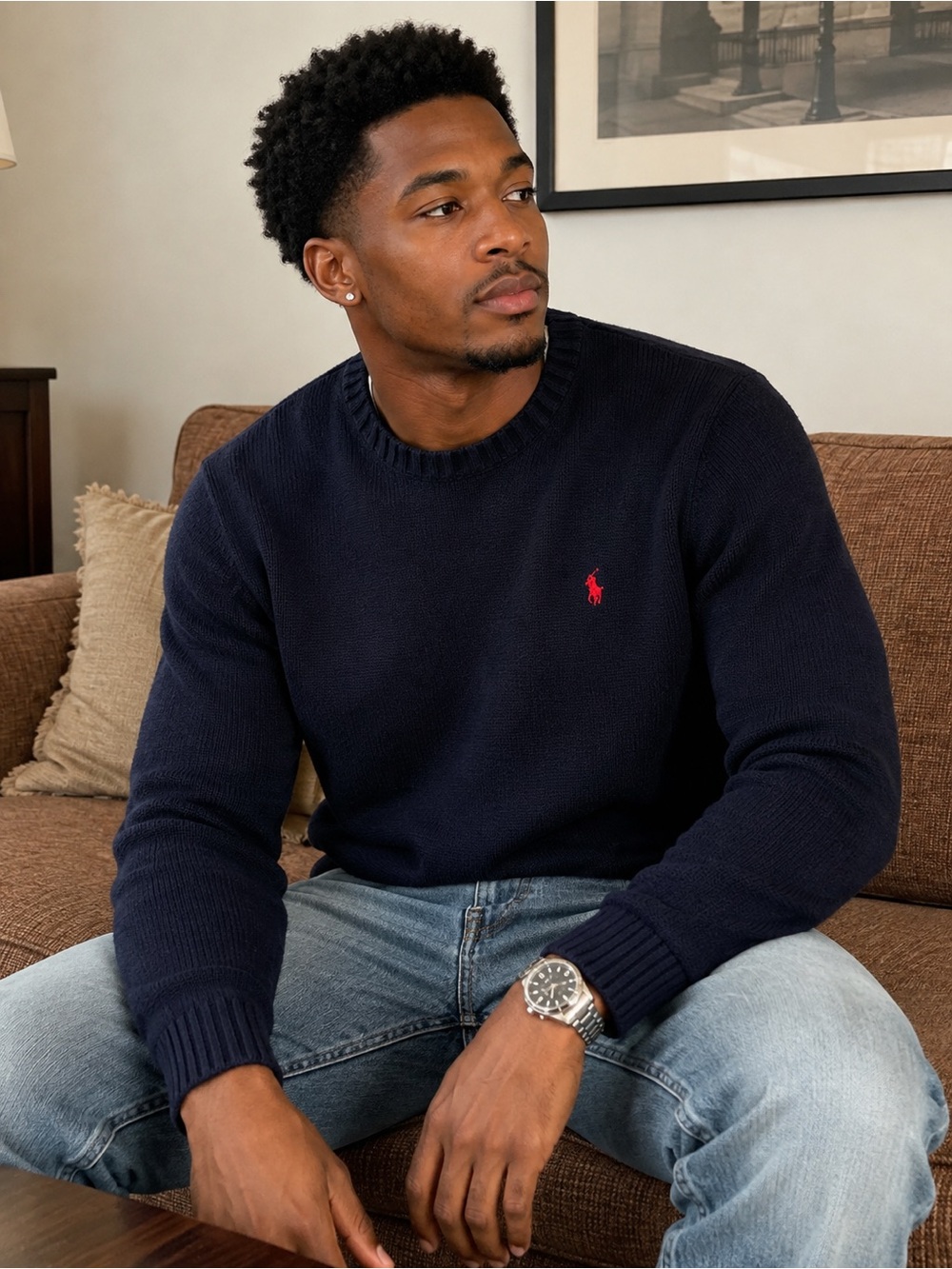 Polo by Ralph Lauren Navy Crewneck Sweater with Red Pony Emblem